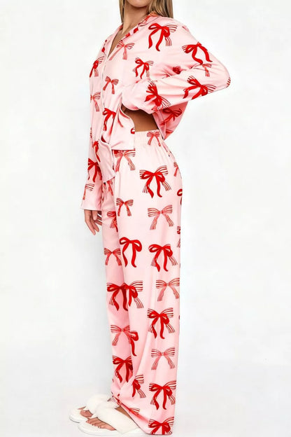 Sarah Express Women's Bow Print Lounge Set - Button-Up Top and Wide Leg Pants