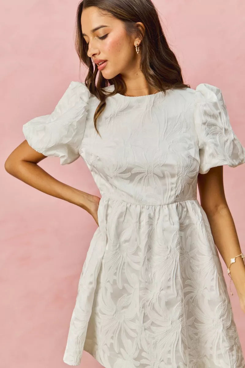 Sarah Express Women's Floral Jacquard Bubble Sleeve Mini Dress