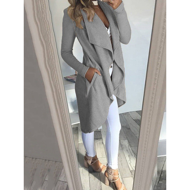 Sarah Express Women's Plus Size Polo Collar Long Trench Coat Slim Fit