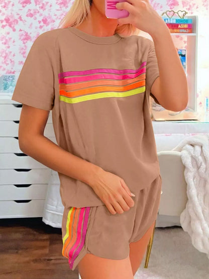 Sarah Express Women's Rainbow Striped Two Piece Set - Round Neck Top & Shorts Lounge Set