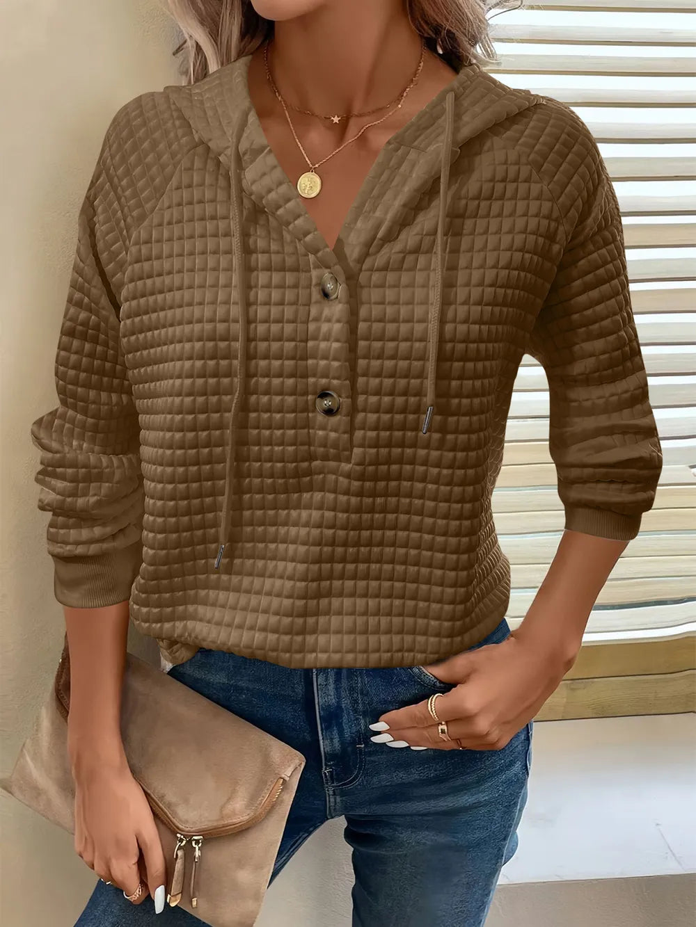 Sarah Express Women's Textured Button Detail Drawstring Long Sleeve Hoodie