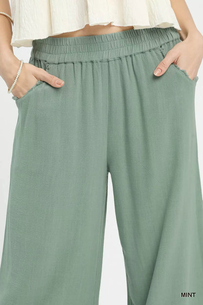 Sarah Express Women's Linen Wide Leg Cropped Pants with Lace Trim - Breathable Summer Palazzo Pants