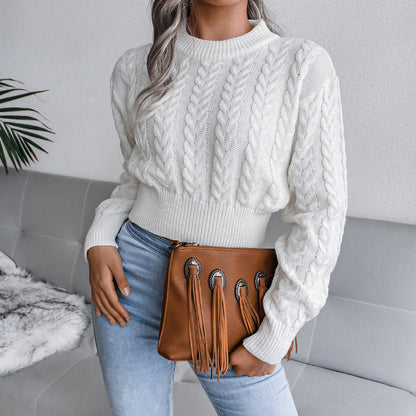 Sarah Express Women's Cable Knit Waist Cinched Cropped Sweater - Slim Fit Long Sleeve Pullover White