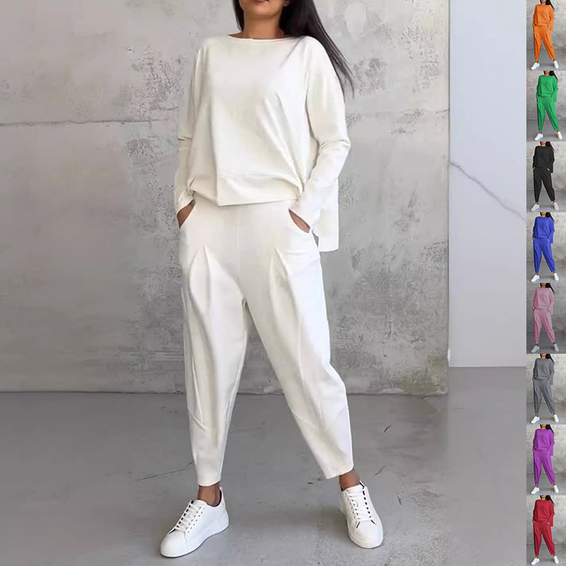 Sarah Express Women's Long Sleeve Round Neck Top and Harem Pants Two-Piece Casual Set