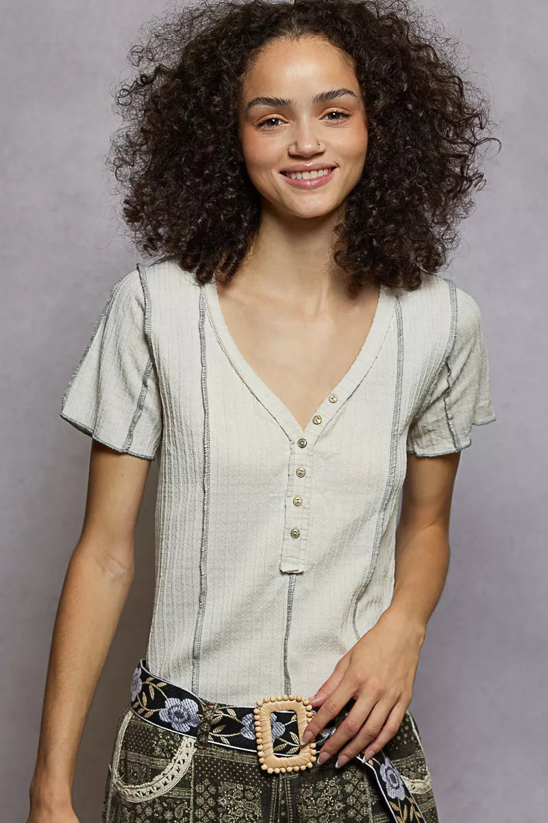 Sarah Express Women's V-Neck Short Sleeve Top with Stitch Seam Detail NATURAL