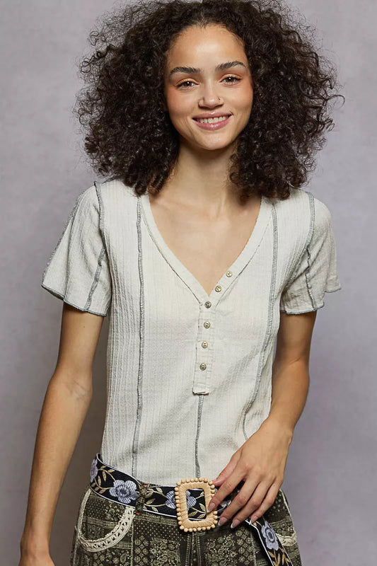 Sarah Express Women's V-Neck Short Sleeve Top with Stitch Seam Detail NATURAL