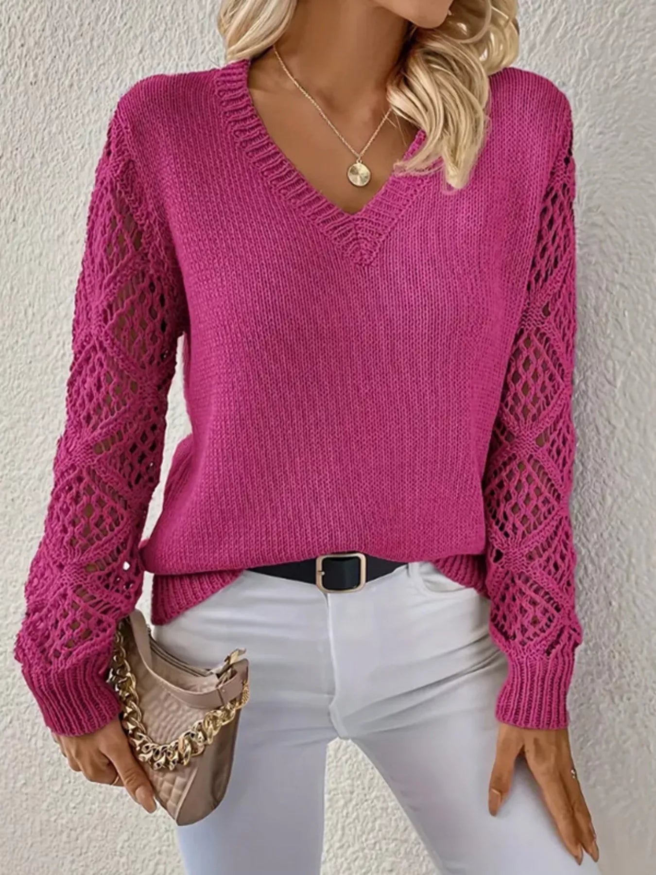 Sarah Express Women's Openwork V-Neck Long Sleeve Sweater Deep Rose