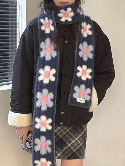 Sarah Express Women's Floral Fuzzy Knit Scarf - Soft Faux Mink Winter Scarf