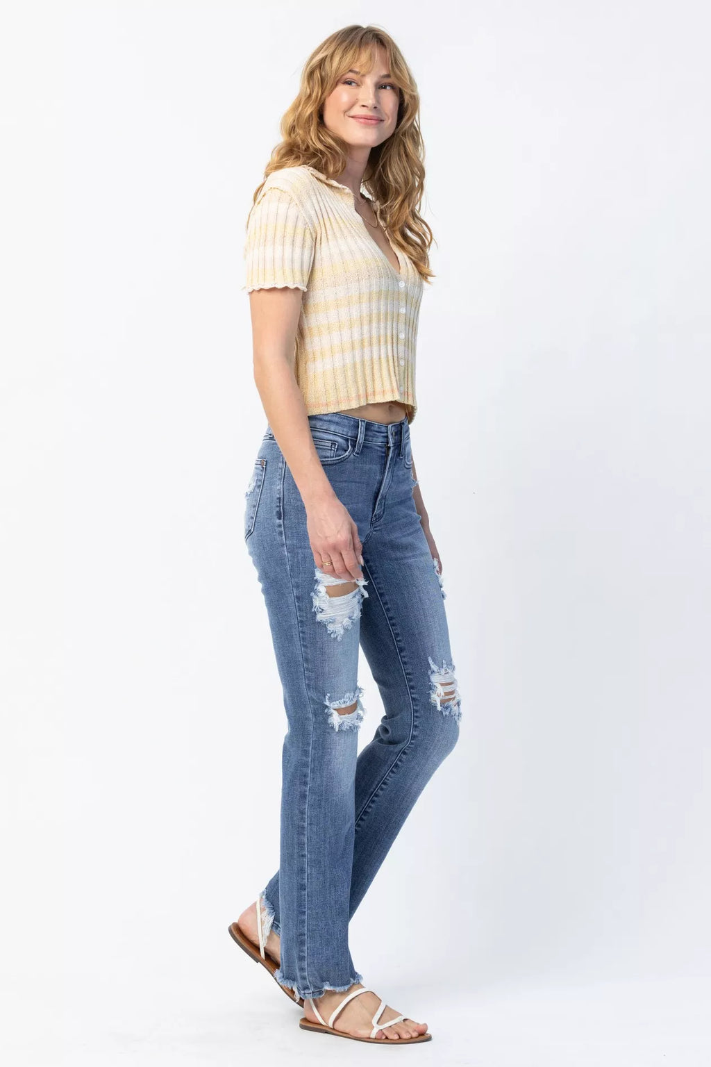 Sarah Express Women’s Plus Size Distressed Mid Rise Straight Jeans
