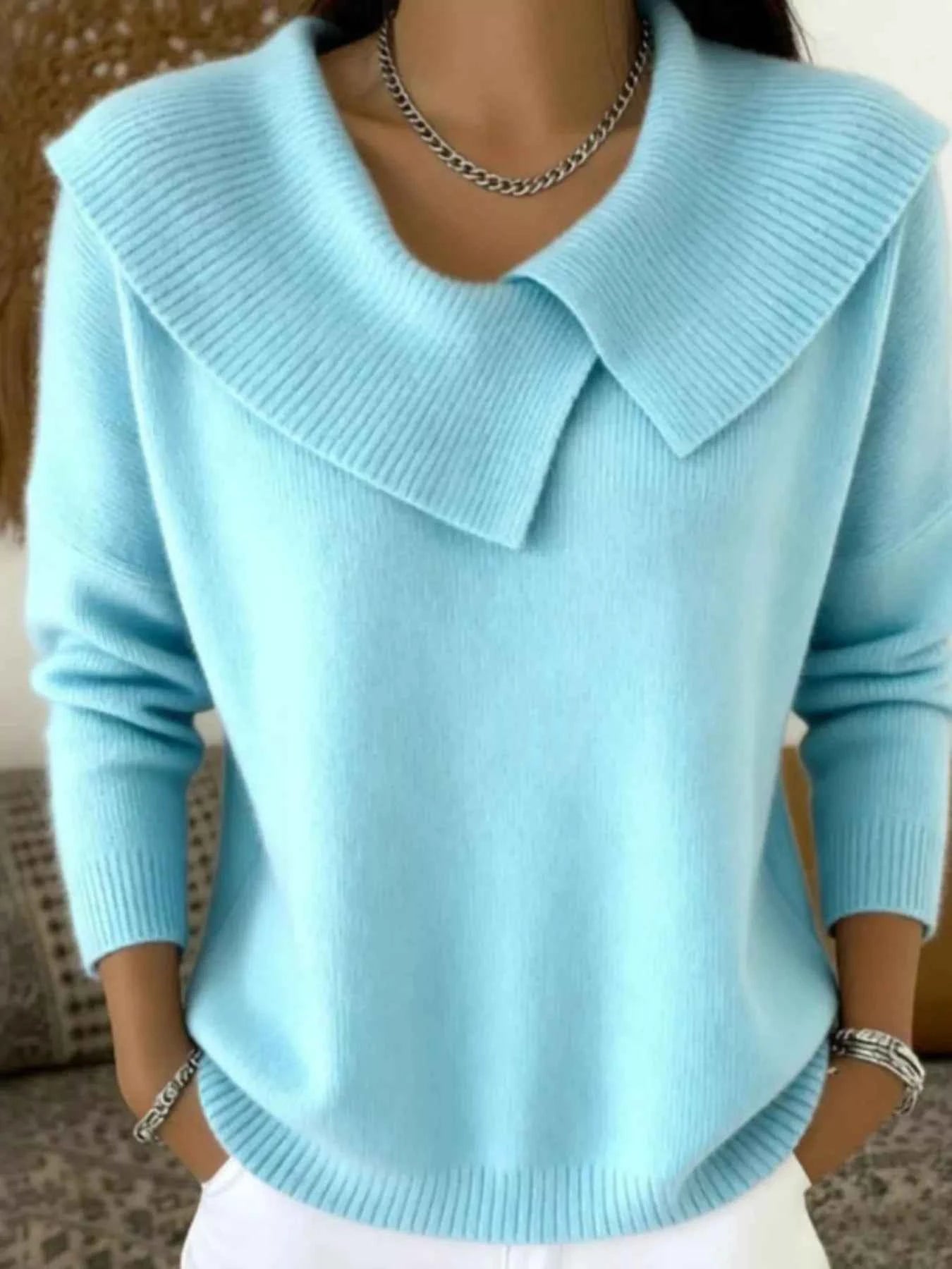 Sarah Express Women's Plus Size Solid Color Ribbed Hem Sweater - Casual Knitwear Top Sky Blue
