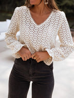 Sarah Express Women's Crochet Lace V-Neck Long Sleeve Blouse Beige