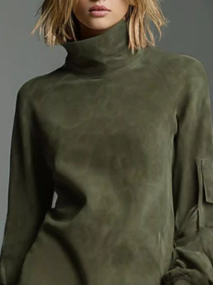 Sarah Express Women's Suede Turtleneck Lantern Sleeve Mini Dress