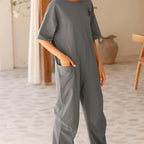 Sarah Express Women's V-Neck Jumpsuit Stretch Polyester with Pockets Casual Spring Summer One-Piece
