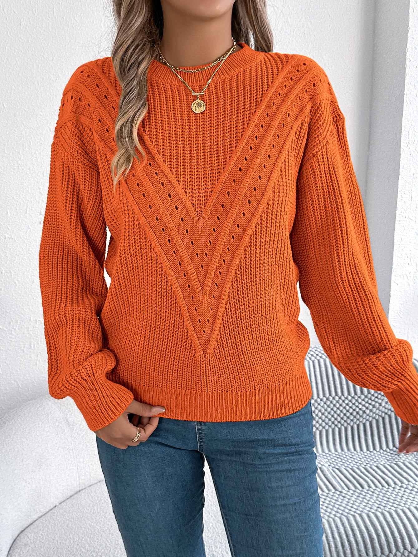 Sarah Express Women's Cable Knit Cardigan Sweater with V-Neck and Lantern Sleeves Orange