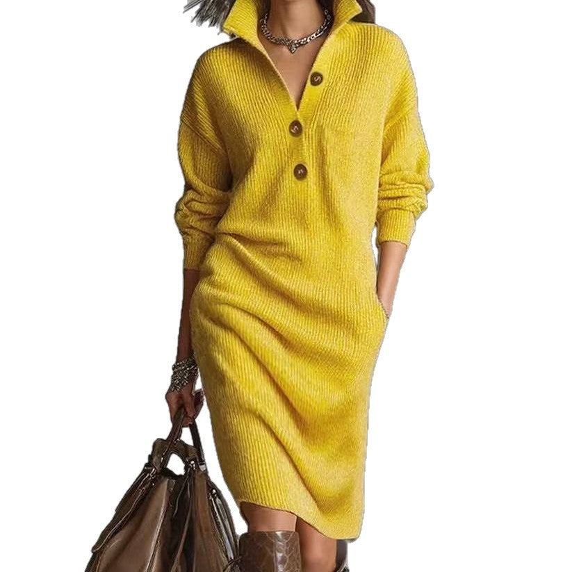 Sarah Express Women's Button-Front Sweater Dress - Warm Stand Collar V-Neck Pullover