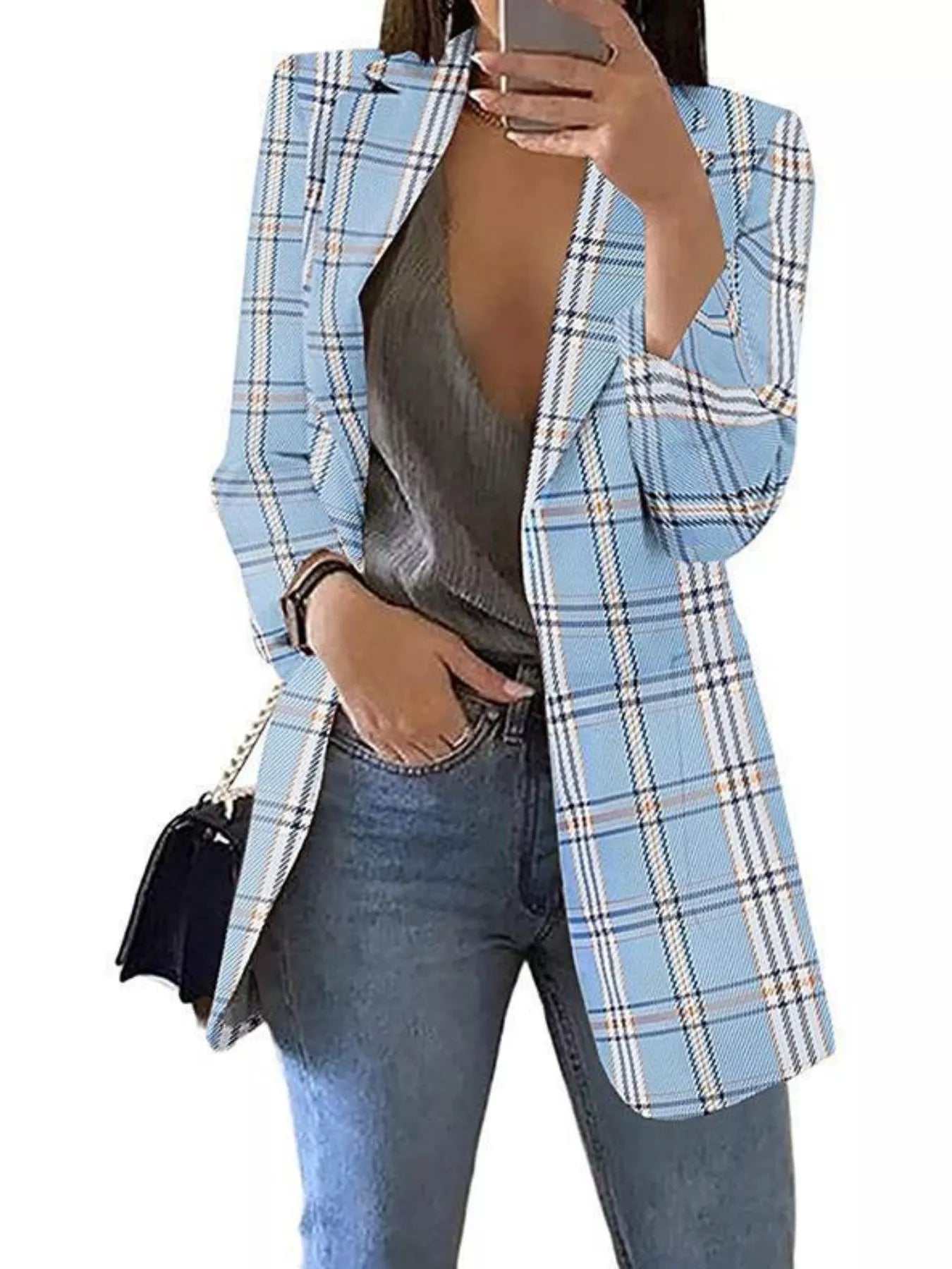 Sarah Express Women's Plaid Lapel Collar Blazer Light Blue