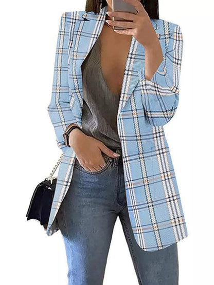 Sarah Express Women's Plaid Lapel Collar Blazer Light Blue