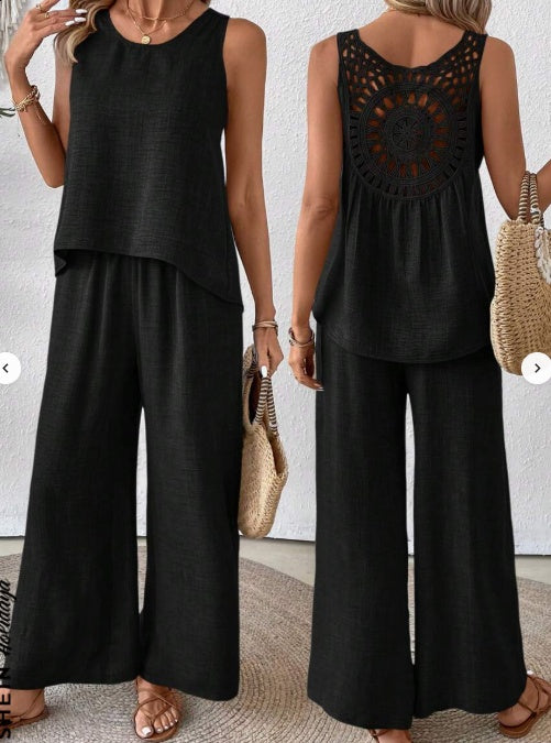 Sarah Express Solid Tank Top Wide Leg Pants Set 2 Piece Summer Vacation Polyester