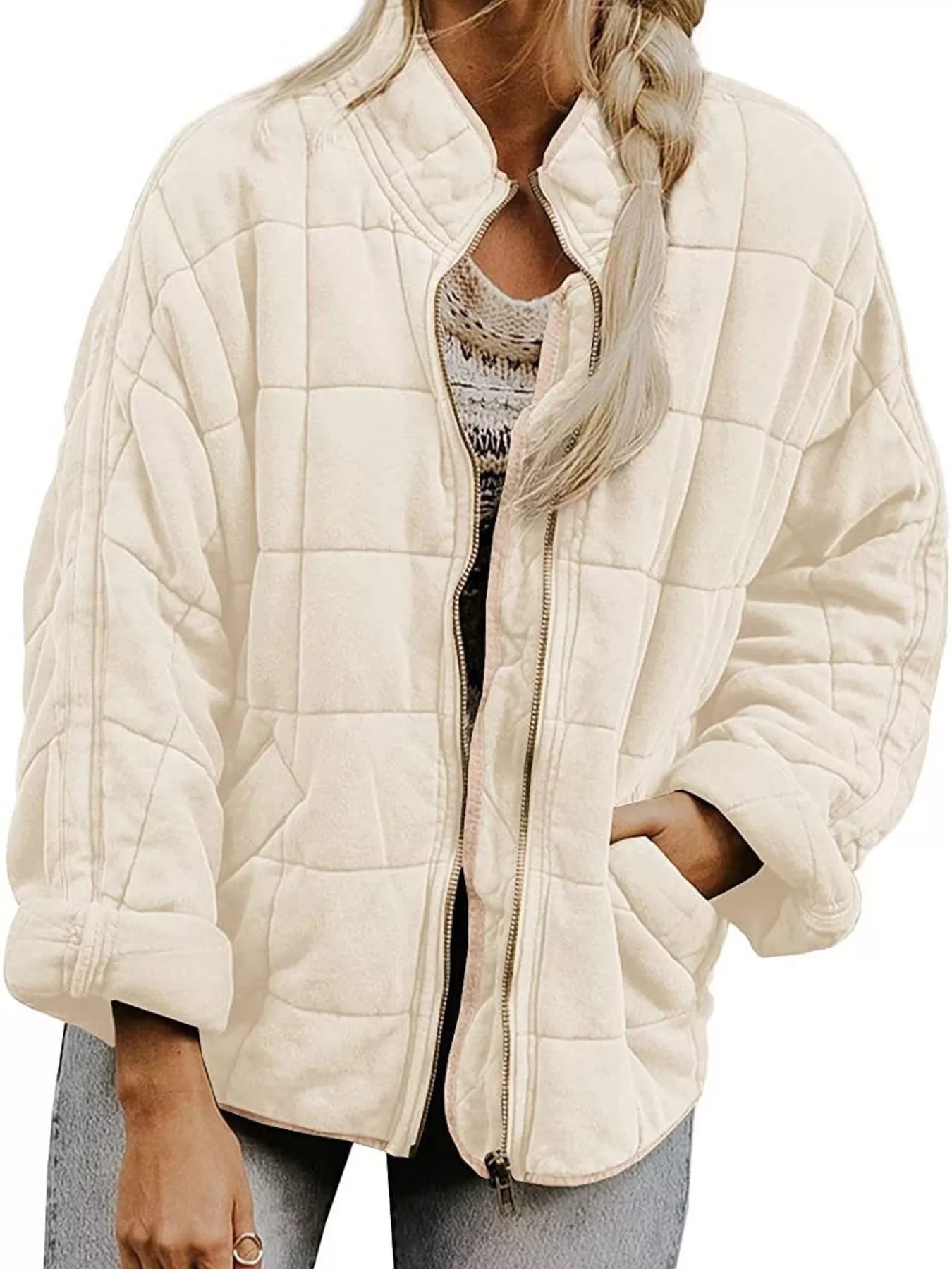 Sarah Express Women's Quilted Zip Up Jacket Rice White