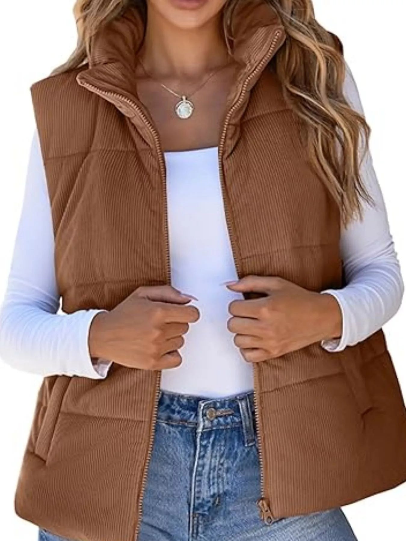 Trendsi Women's Corduroy Zip Up Vest Coat