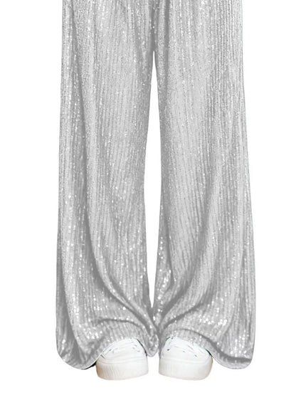 Sarah Express Women's Sequin Wide Leg Pants - High Waist Sparkle Palazzo Trousers