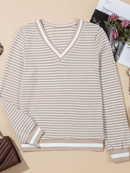 Sarah Express Women's Striped Textured Knit V Neck Top