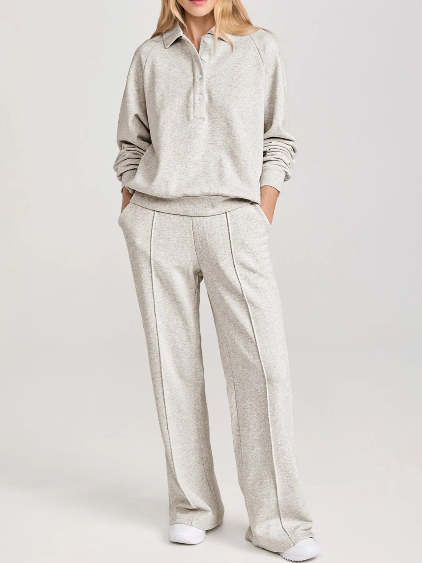 Sarah Express Women's Collared Sweatshirt and High Waist Pants Active Set Light Gray