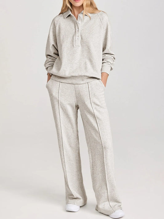 Sarah Express Women's Collared Sweatshirt and High Waist Pants Active Set Light Gray