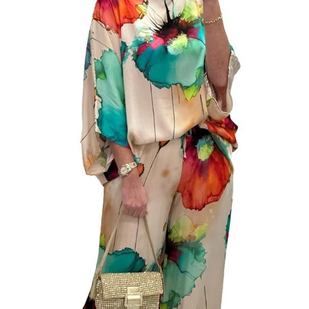 Sarah Express Women's Printed Satin Two-Piece Suit Bell Sleeve Top and Pants Set