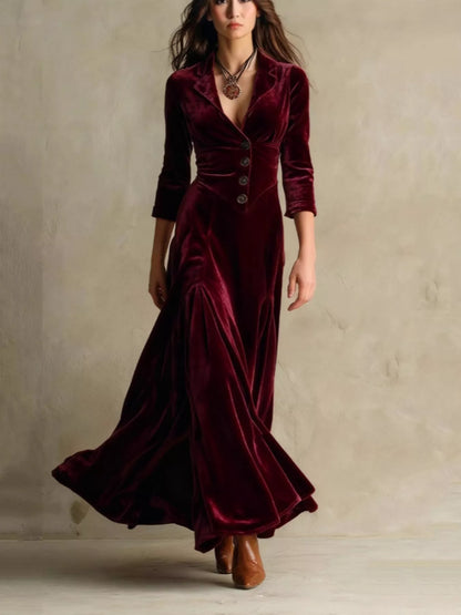 Sarah Express Women's Velvet Button Front 3/4 Sleeve Maxi Dress Burgundy