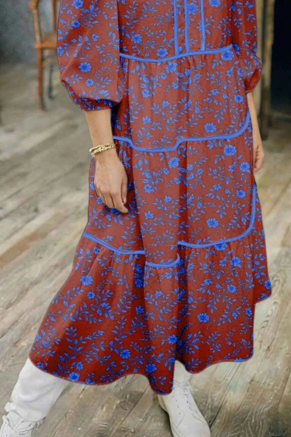 Sarah Express Women's Floral Tiered Dress with Puff Sleeves - 3/4 Sleeve Loose Fit