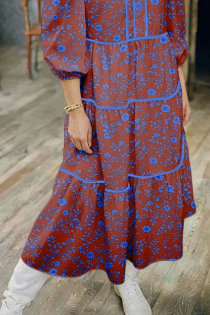 Sarah Express Women's Floral Tiered Dress with Puff Sleeves - 3/4 Sleeve Loose Fit