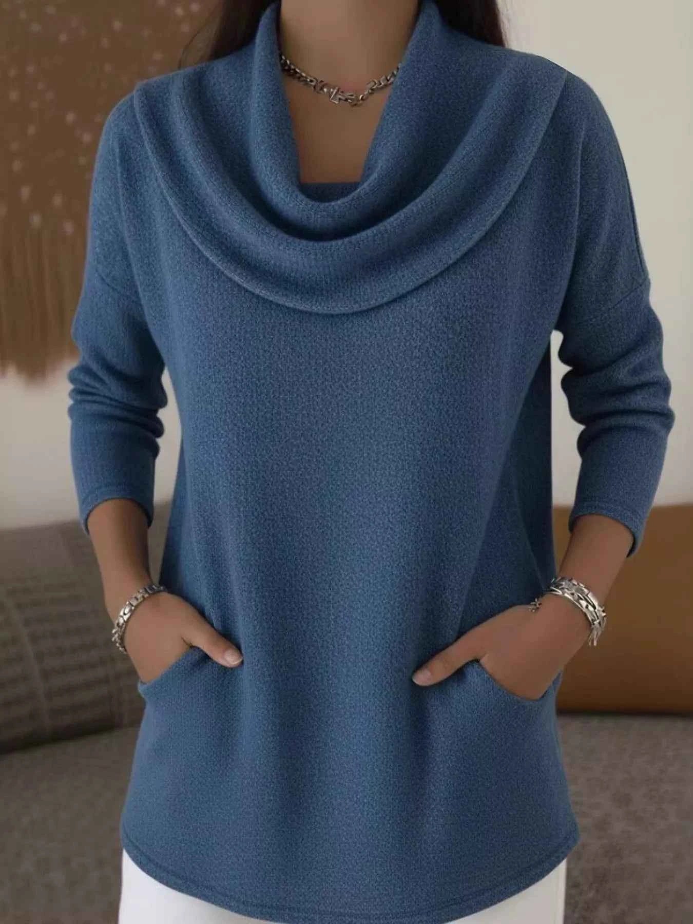 Sarah Express Women's Cowl Neck Long Sleeve Top - Plus Size Casual Tunic Blouse with Pockets