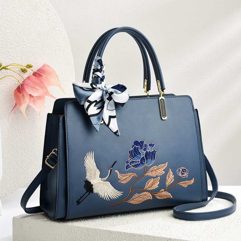 Sarah Express Chinese Embroidered Crane Crossbody Tote Bag for Women - Fashion Handbag with Multiple Compartments Blue