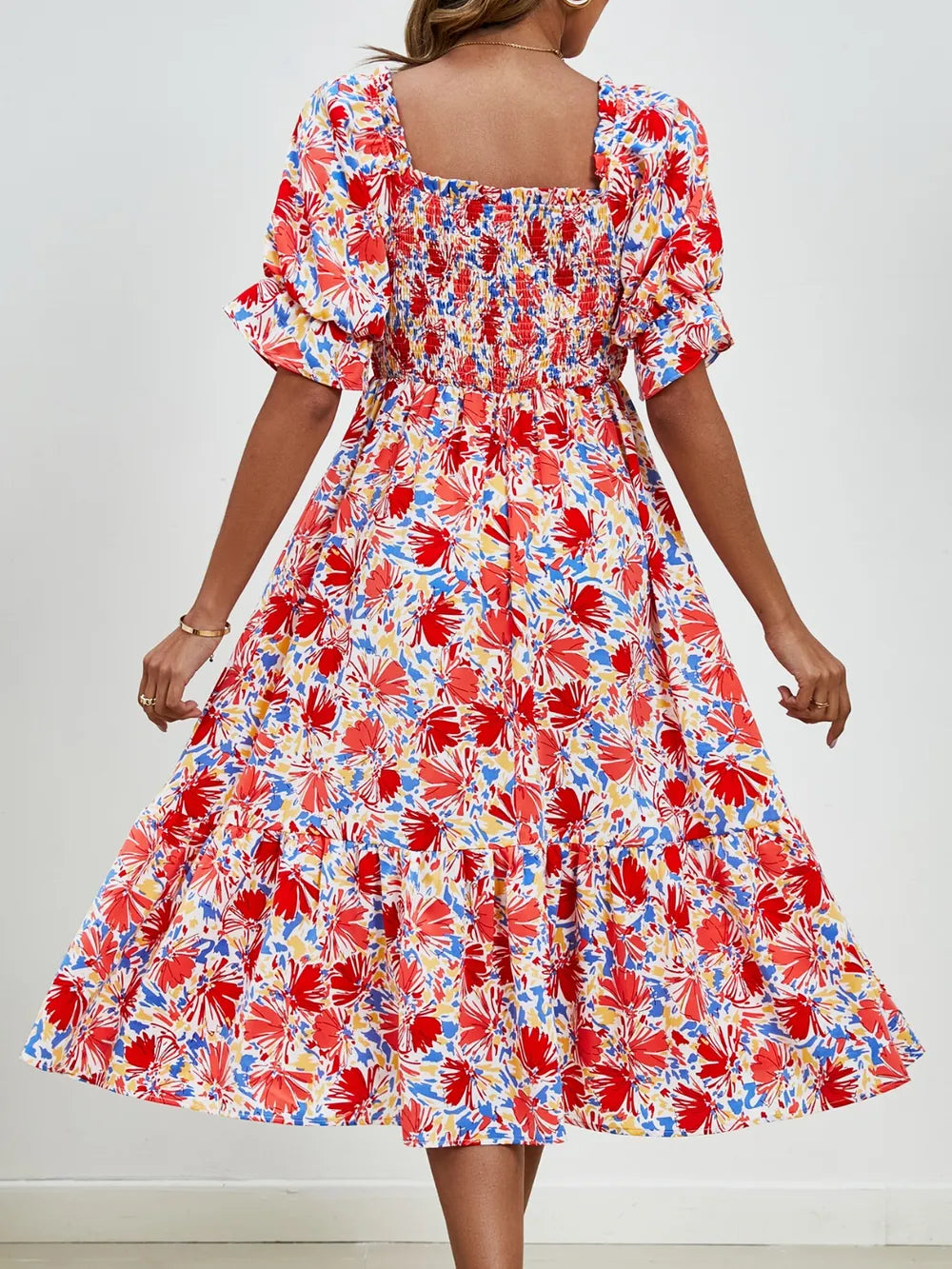 Sarah Express Women's Smocked Floral Square Neck Short Sleeve Dress