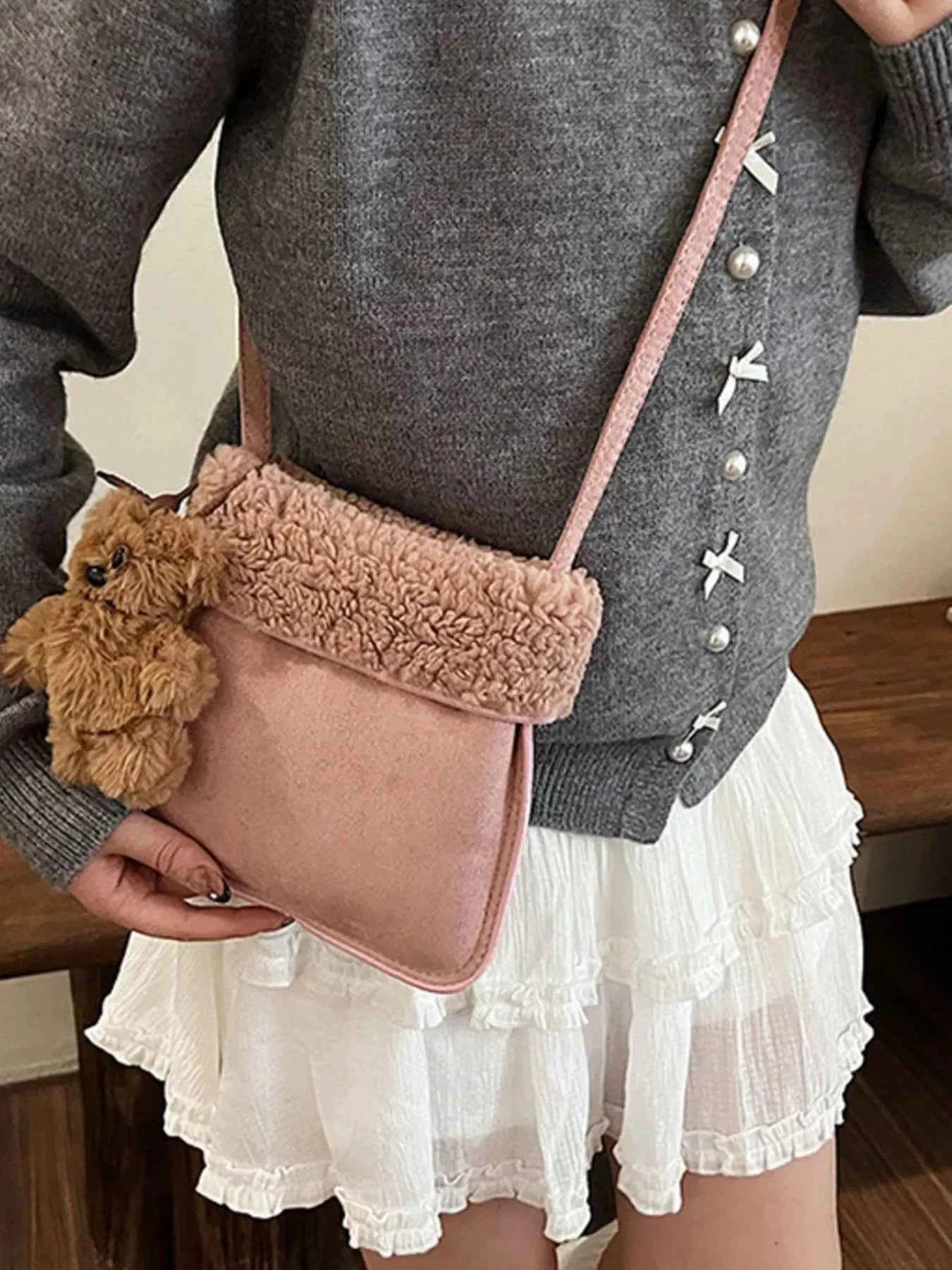 Sarah Express Women's Teddy Bear Charm Plush Crossbody Bag - Mini Suede Shoulder Bag