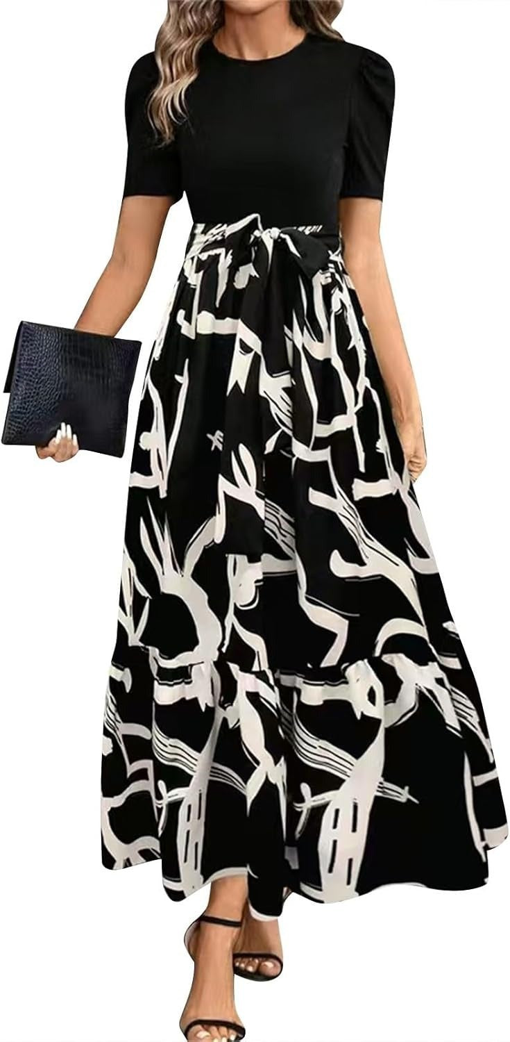 Sarah Express Women's Floral Print Maxi Dress Round Neck Short Sleeve A-Line Vacation