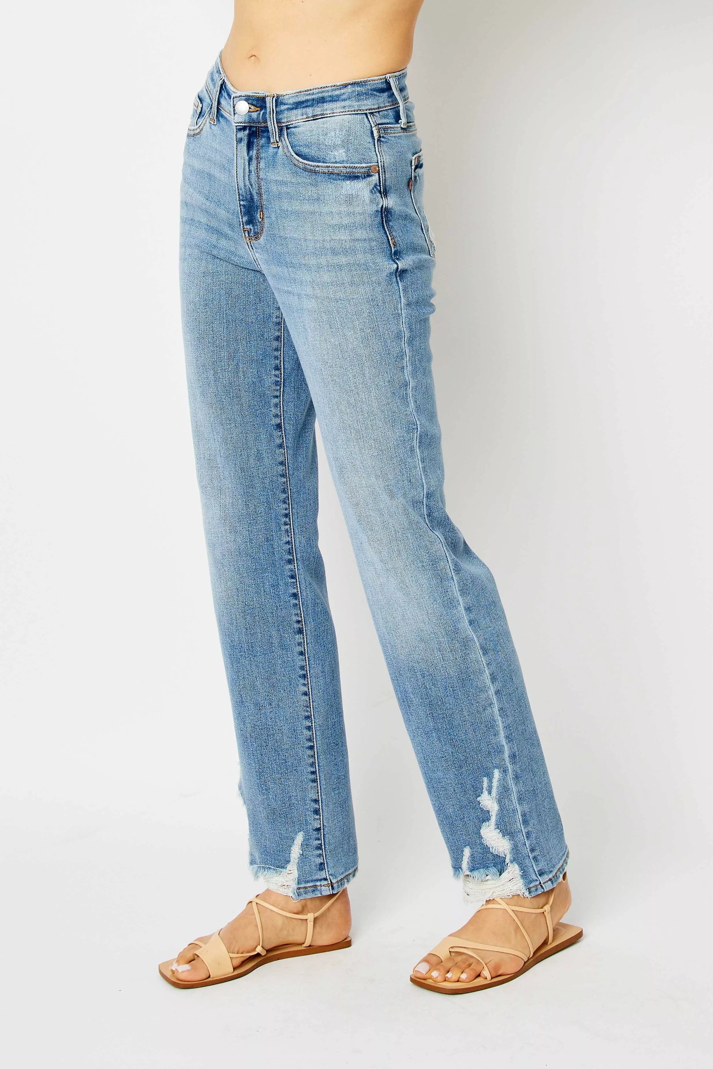Sarah Express Women’s Plus Size High Rise Heavy Destroy Straight Jeans
