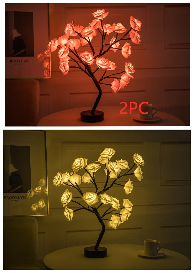 Sarah Express Rose Flower LED Table Lamp - USB Battery Operated Bonsai Tree Night Light for Bedroom Home Decor 2PCPB1Black yellow