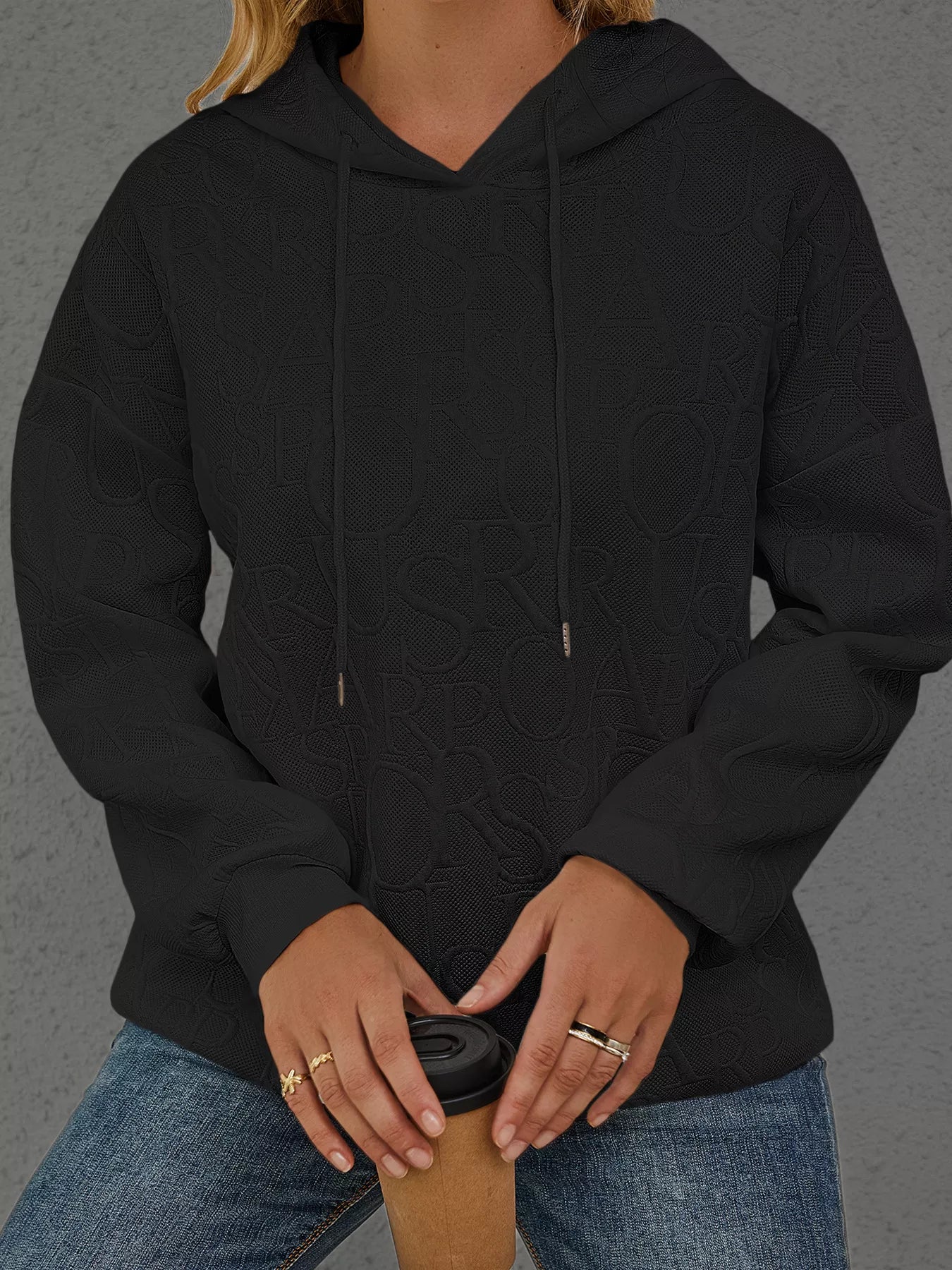 Sarah Express Women's Embossed Lettering Casual Hoodie Plus Size Black