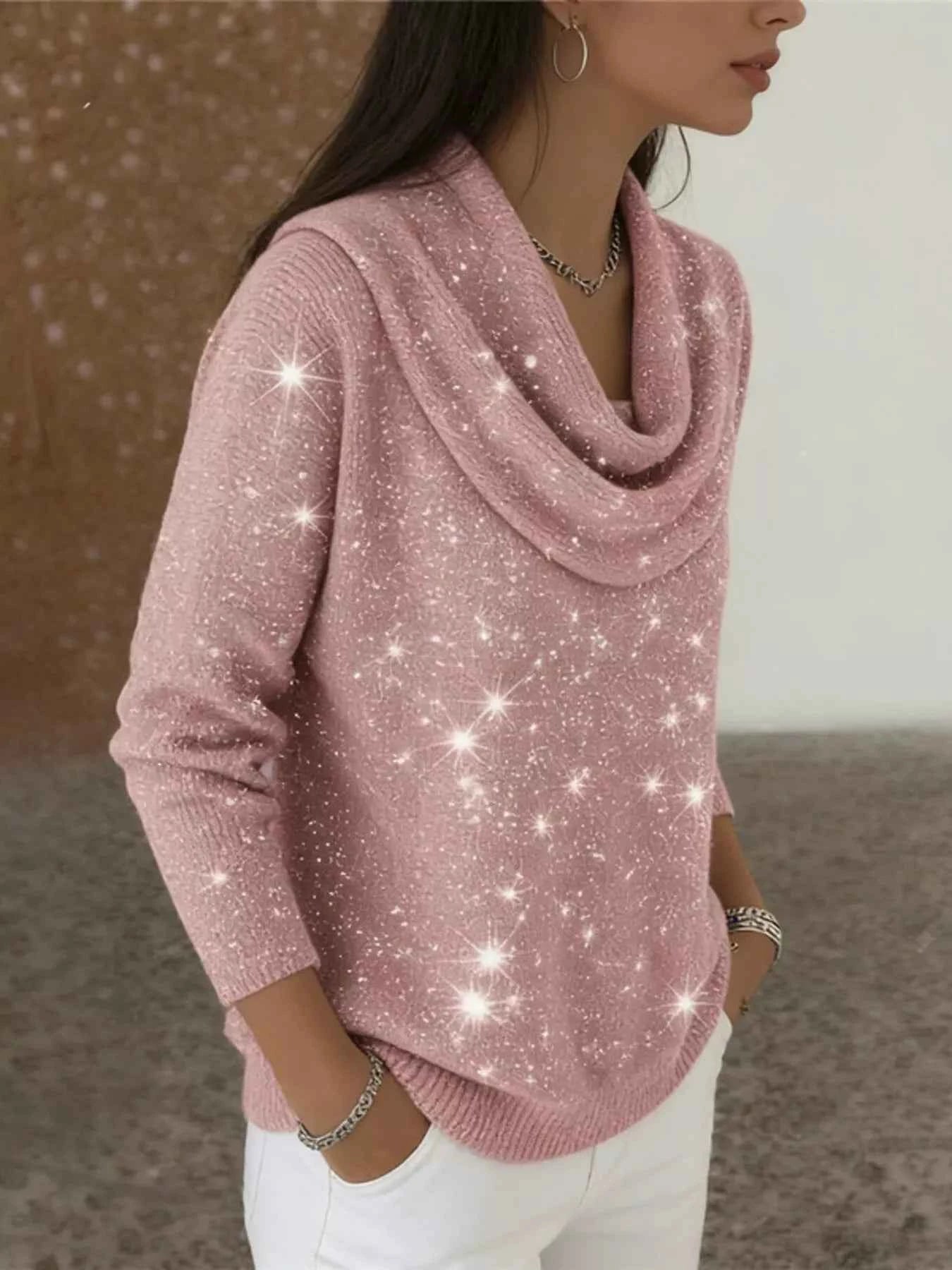 Sarah Express Women's Glitter Cowl Neck Long Sleeve Sweater Plus Size