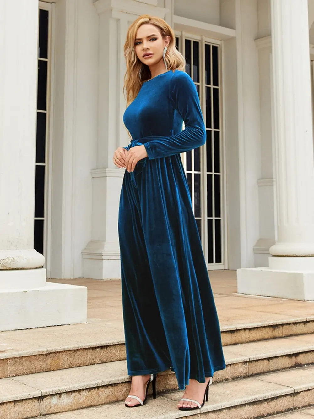 Sarah Express Women's Tie Front Round Neck Long Sleeve Maxi Dress - Fall/Winter Casual Dress