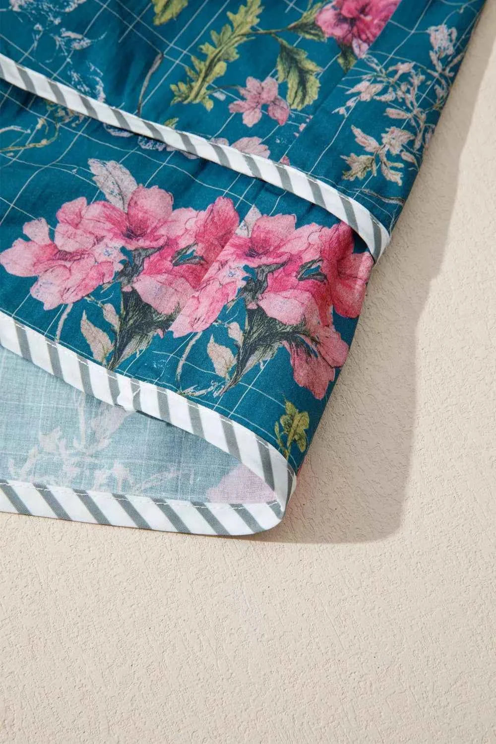 Sarah Express Women's Floral Print Puff Sleeve Blouse with Striped Trim