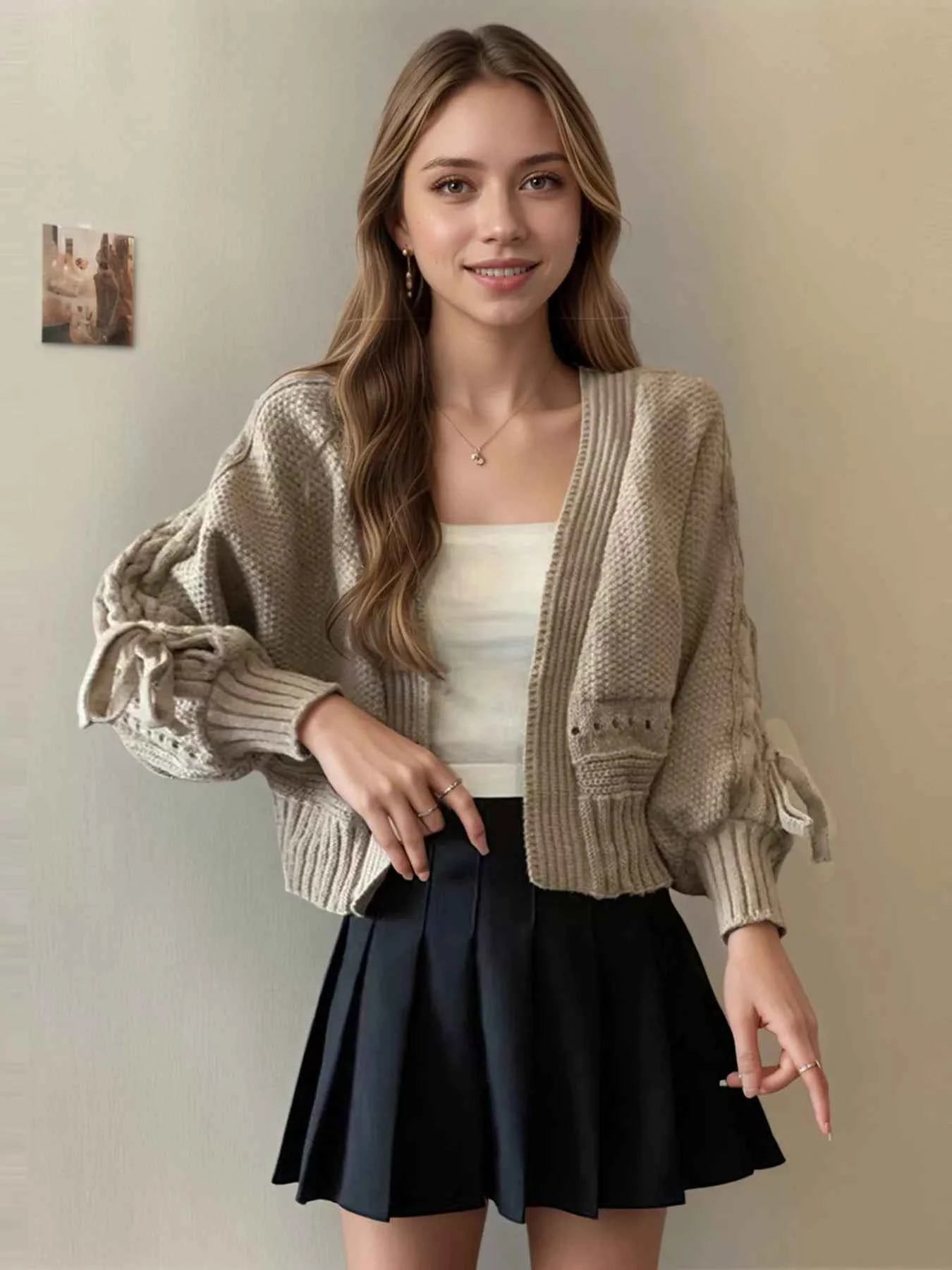 Sarah Express Women's Chunky Knit Tie Cardigan - Long Sleeve Open Front Sweater Khaki One Size