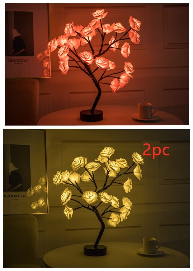 Sarah Express Rose Flower LED Table Lamp - USB Battery Operated Bonsai Tree Night Light for Bedroom Home Decor 2PCBY1Pink black