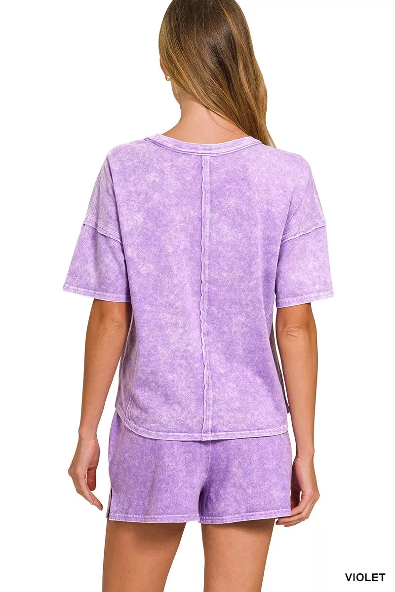 Sarah Express Women's Snow Washed Tee and Shorts Set - Relaxed Fit Lounge Wear