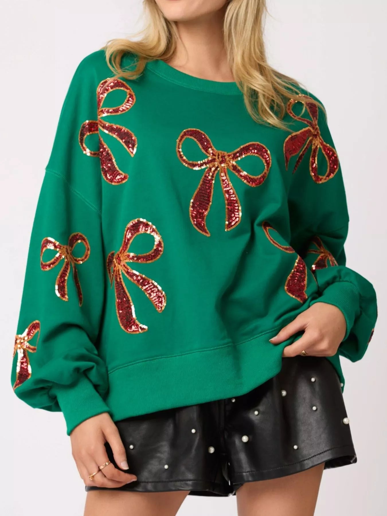 Sarah Express Women's Christmas Sequin Bow Round Neck Sweatshirt