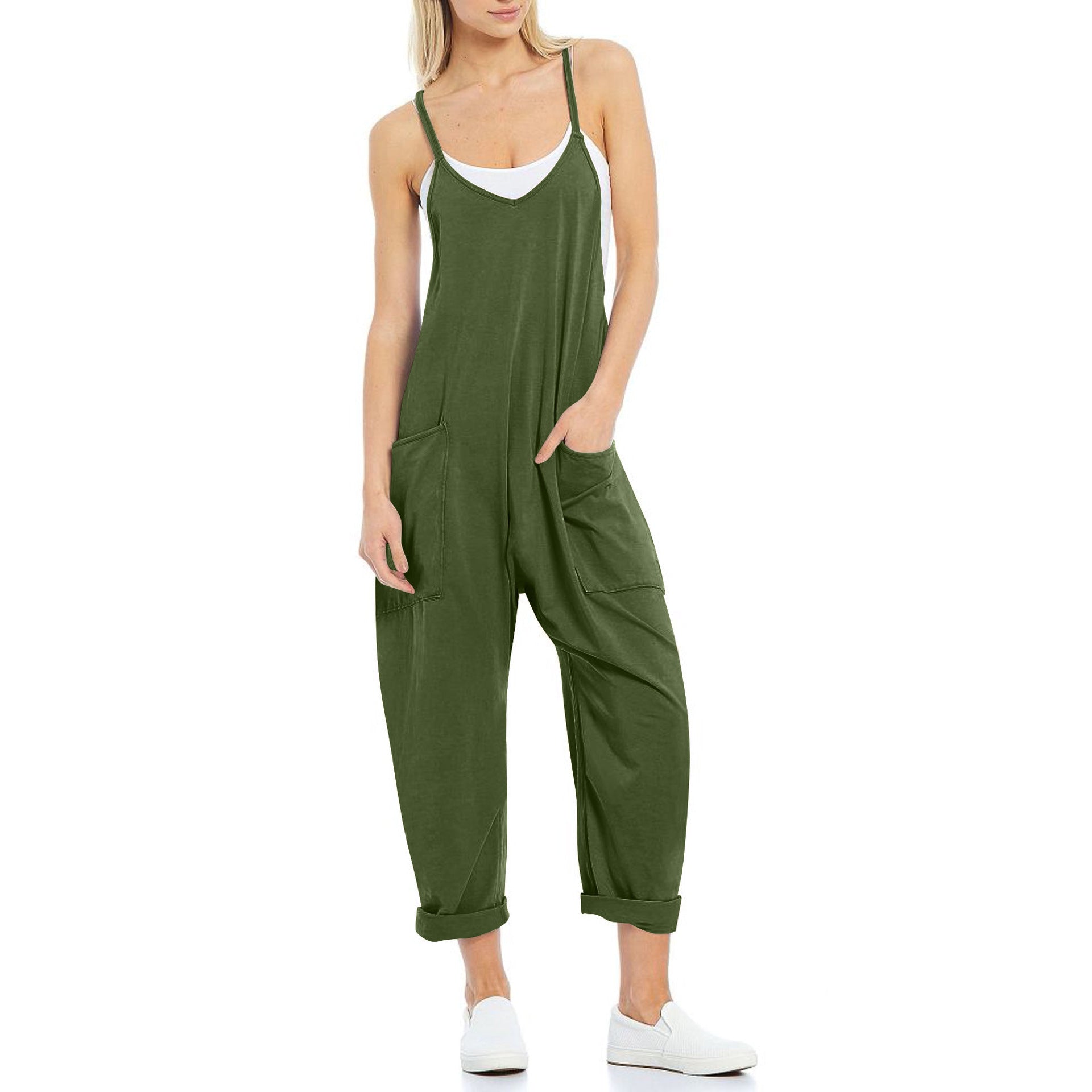 Sarah Express Women's Knitted Spaghetti Strap Jumpsuit - Loose Fit Wide Leg Overalls with Pockets