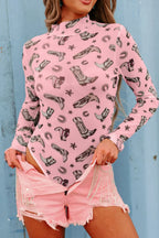 Sarah Express Women's Printed Mock Neck Long Sleeve Bodysuit Dusty Pink