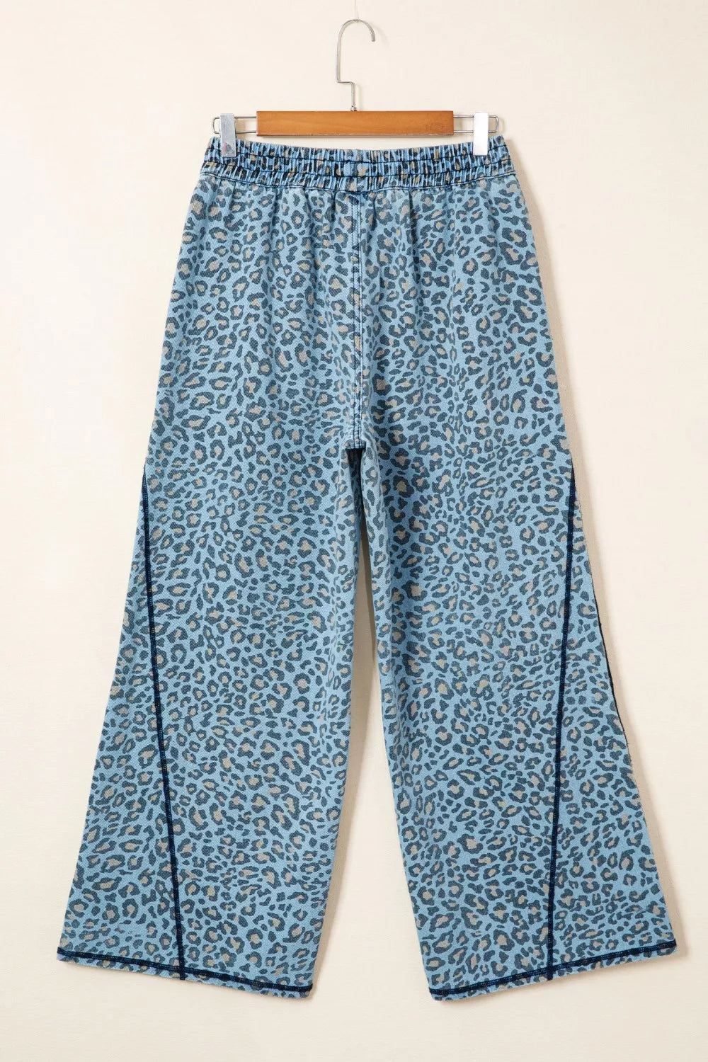 Sarah Express Women's Leopard Print Wide Leg Drawstring Jeans with Exposed Seam Detail